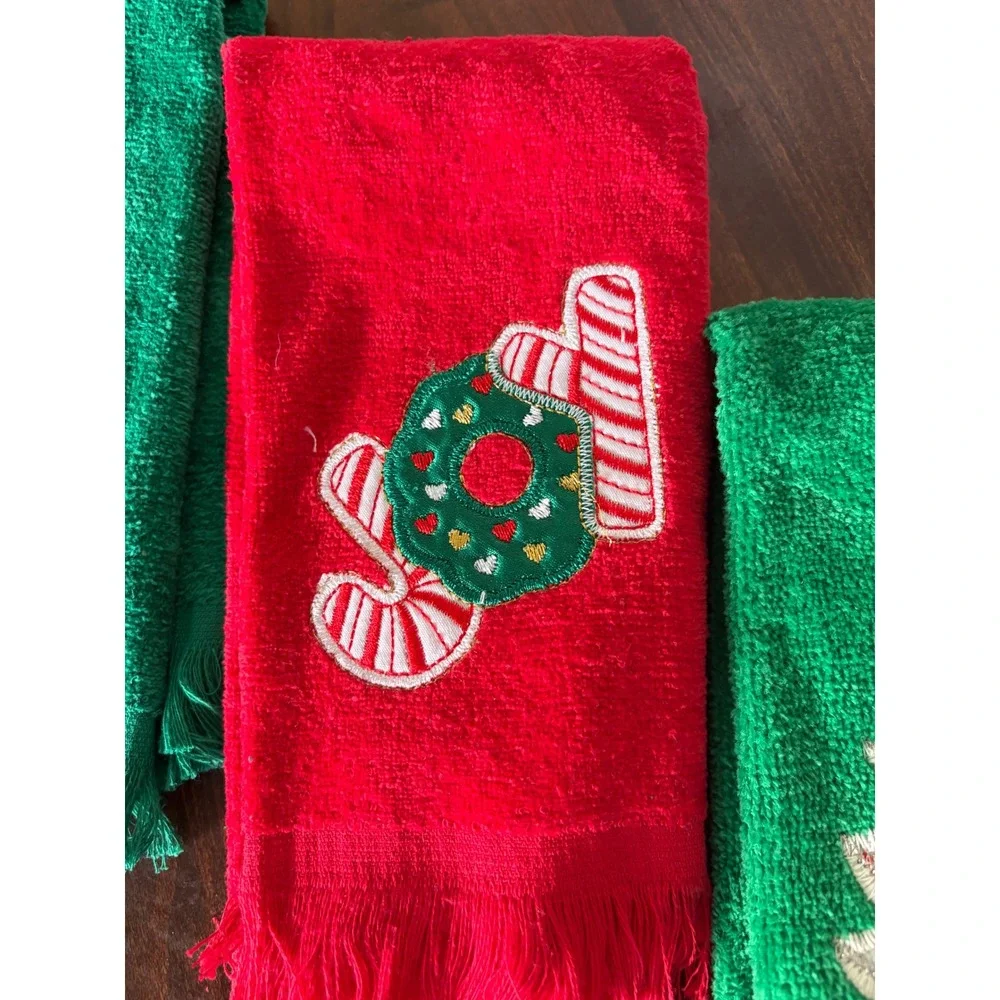 Vintage Christmas Hand Towel Set 3 Embroidered Santa Tree Joy cottagecore retro